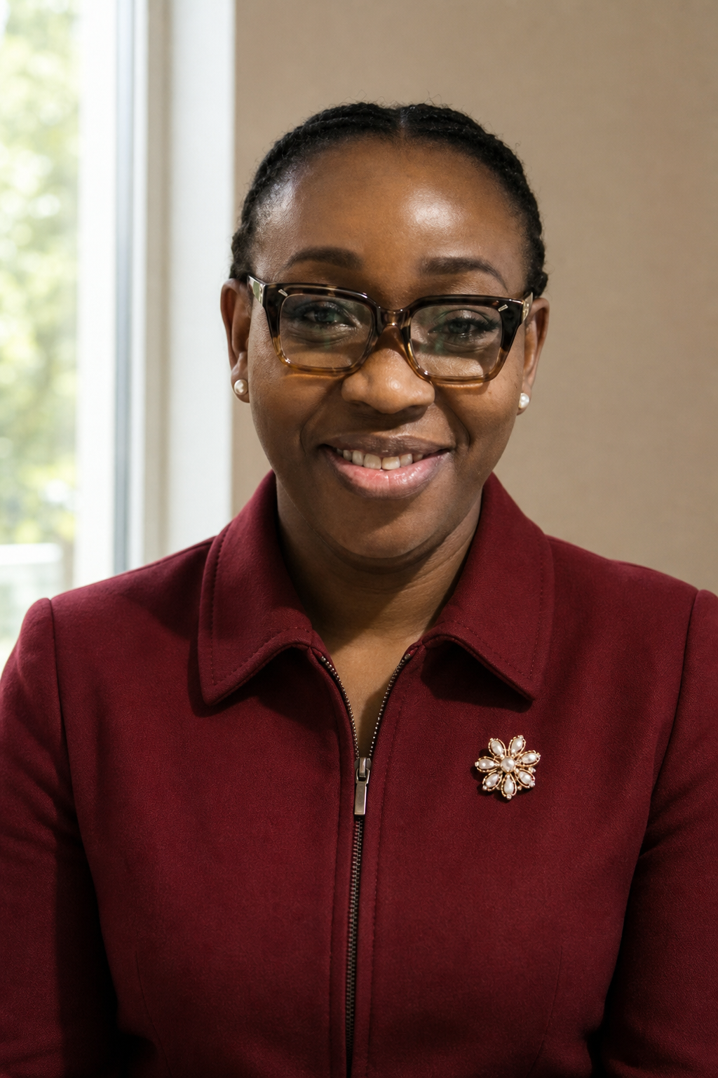 Omolola Aragbaye, wearing a maroon blazer and glasses